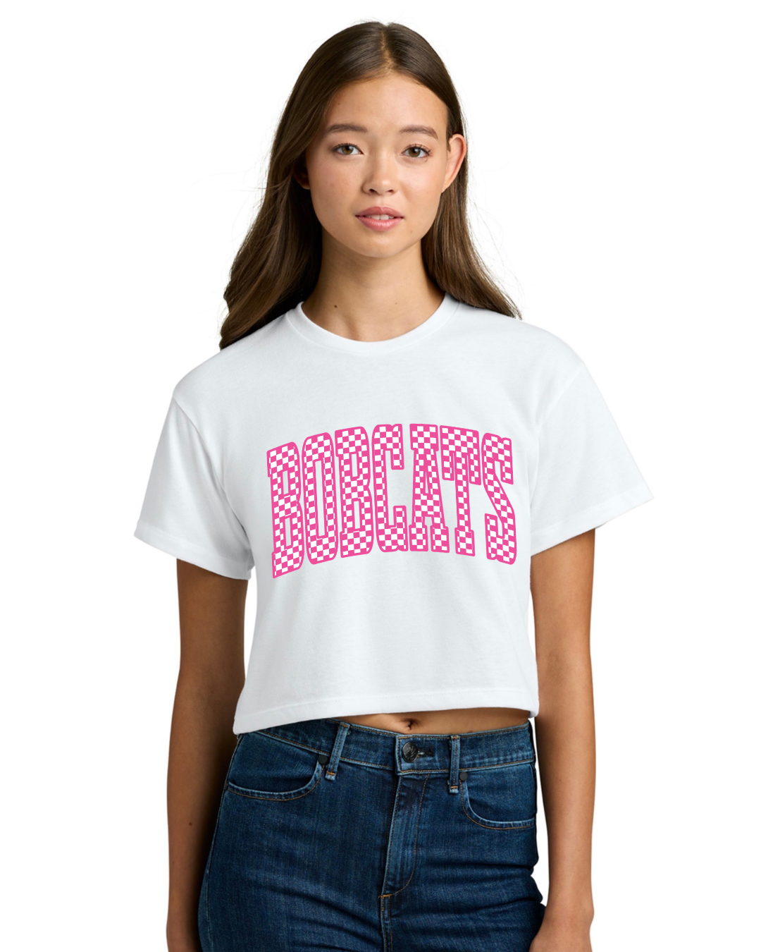 Pink Checkered Bobcats Cropped Tee (pre-order)