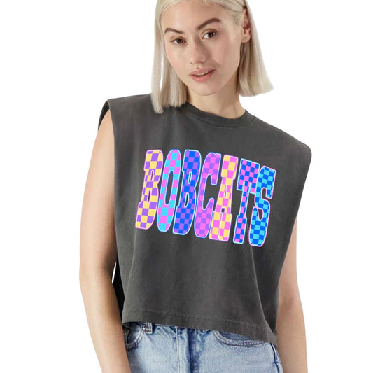 Bobcat Colorful Check Cap Sleeve Crop