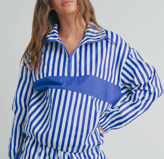 High Collar Drawstring Pullover- Royal/white